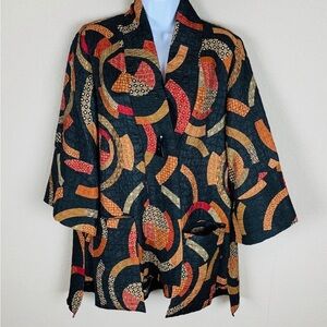 IC BY CONNIE K Geometric Circle Print Asymmetrical  Lagenlook Jacket artsy fun
